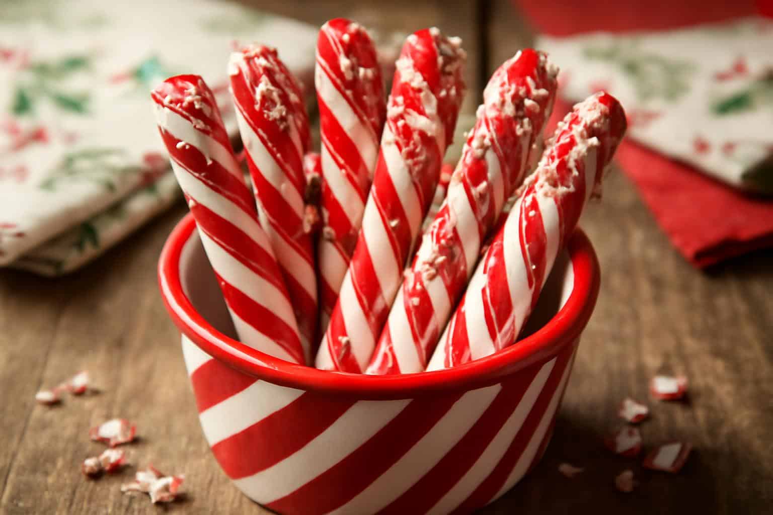 Close-up of homemade peppermint sticks festive holiday treat with crushed peppermint garnish