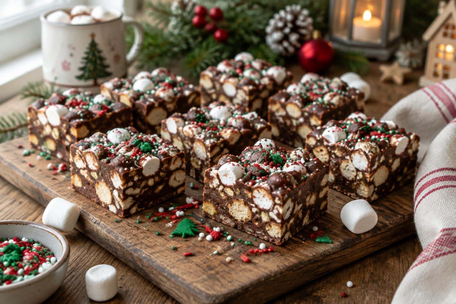 Close-up of easy homemade christmas rocky road squares with marshmallows and nuts