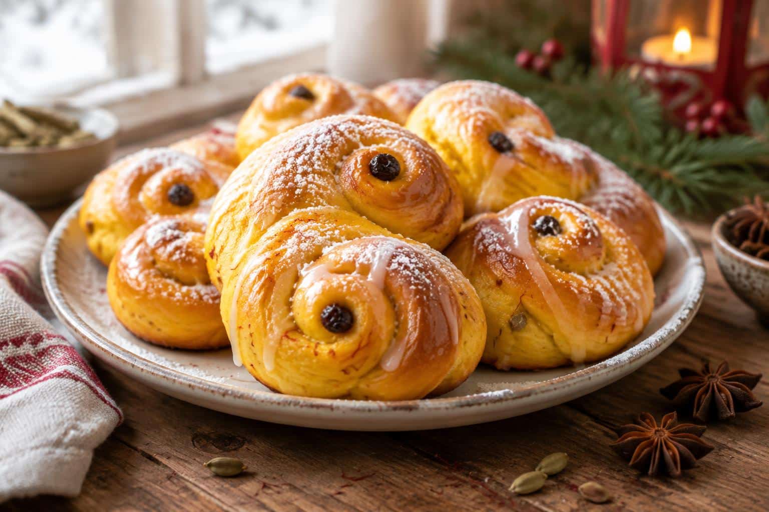 Plate of golden Christmas saffron buns with creamy vanilla and cardamom glaze