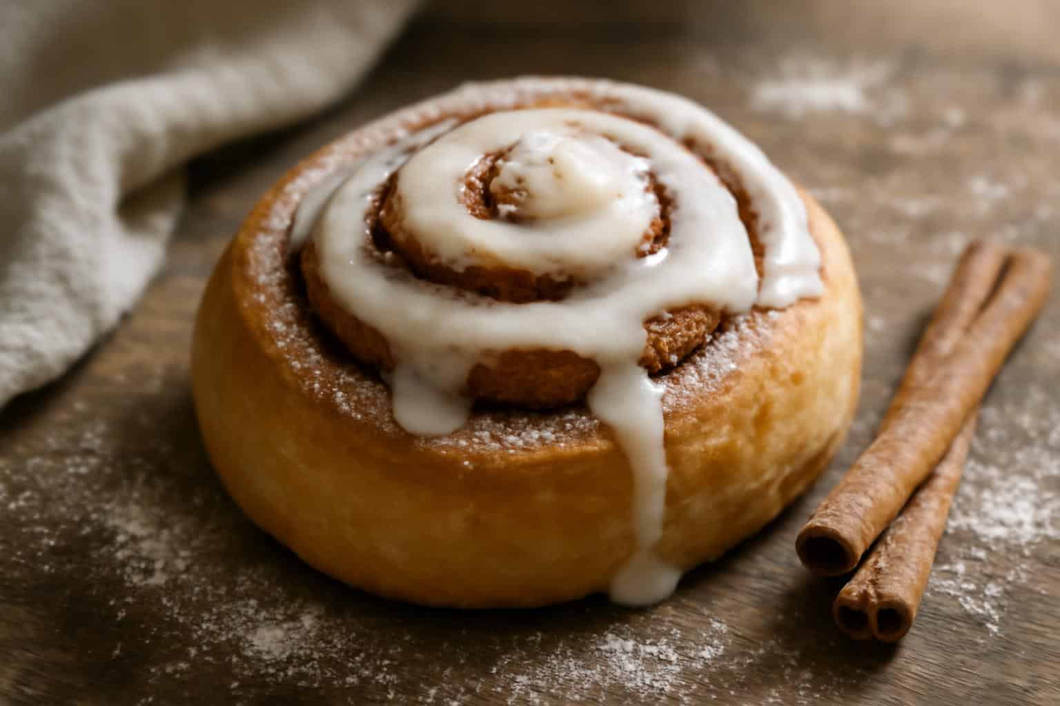 freshly baked homemade cinnamon rolls with icing in natural window light