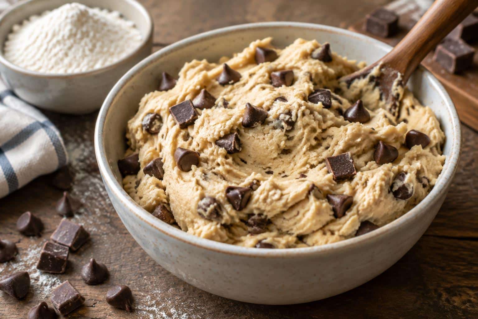 Bowl of creamy homemade cookie dough with chocolate chips on rustic surface