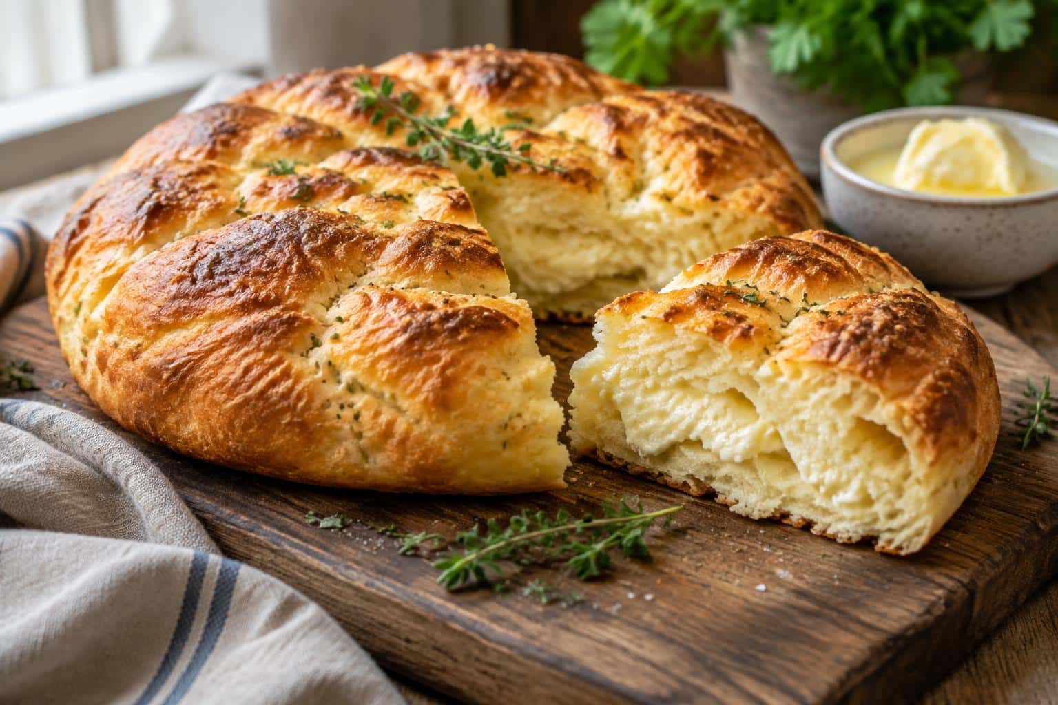 Freshly baked creamy Balkan bread with crispy crust and creamy texture on rustic board