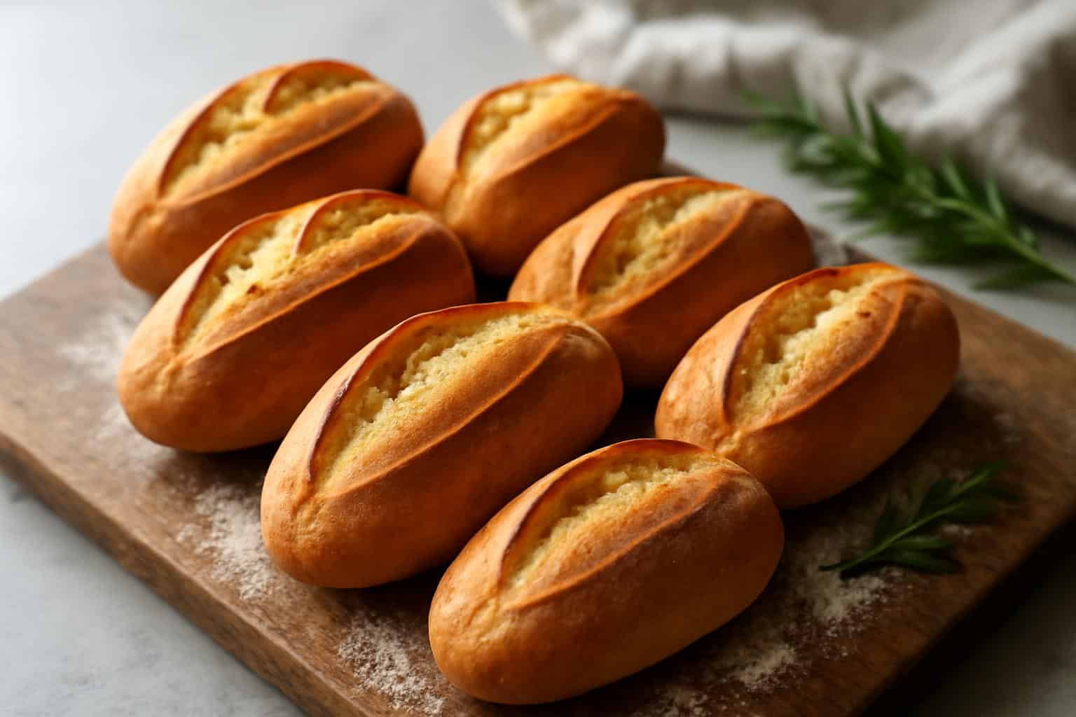 Freshly baked crispy mini baguettes with golden crust on rustic wooden board