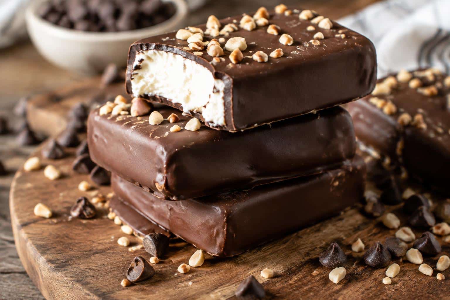 Homemade crunchy Klondike bars with chocolate coating and creamy ice cream inside