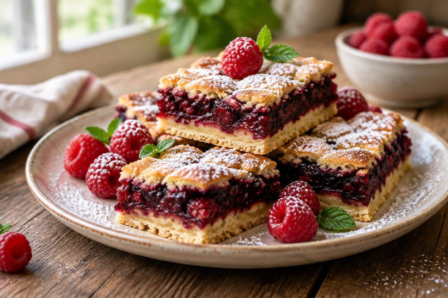 Homemade dark raspberry bars with rich filling and golden crust on rustic surface