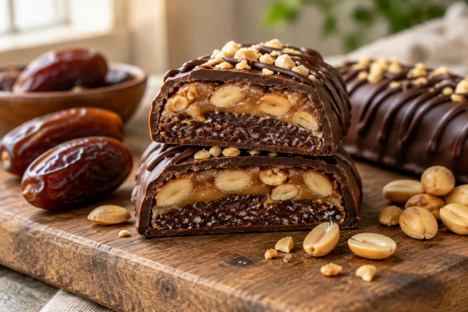 close-up of homemade decadent date snickers with layers of caramel, nuts, and chocolate drizzle