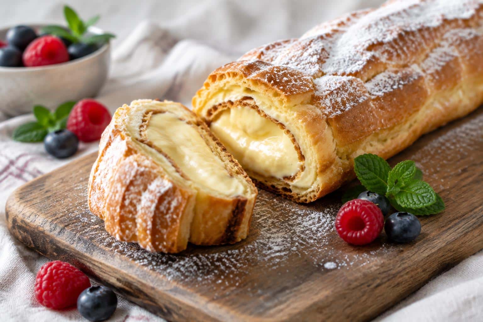 Homemade eclair roll with creamy custard filling and crispy pastry on rustic board