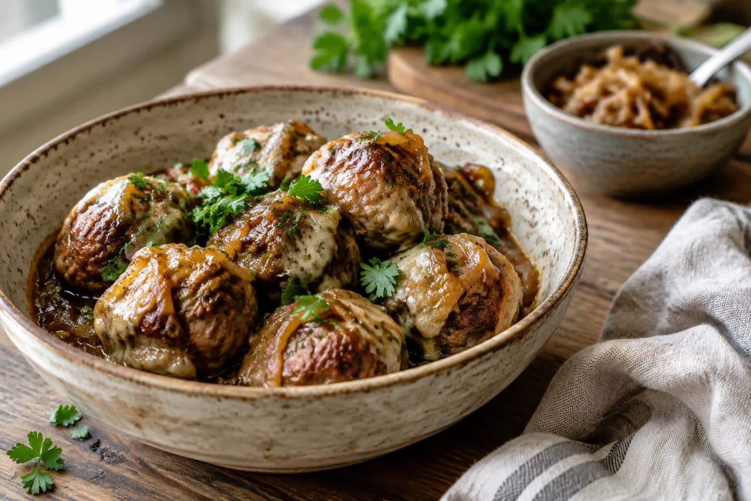 Easy homemade french onion meatballs with teff garnished with fresh parsley