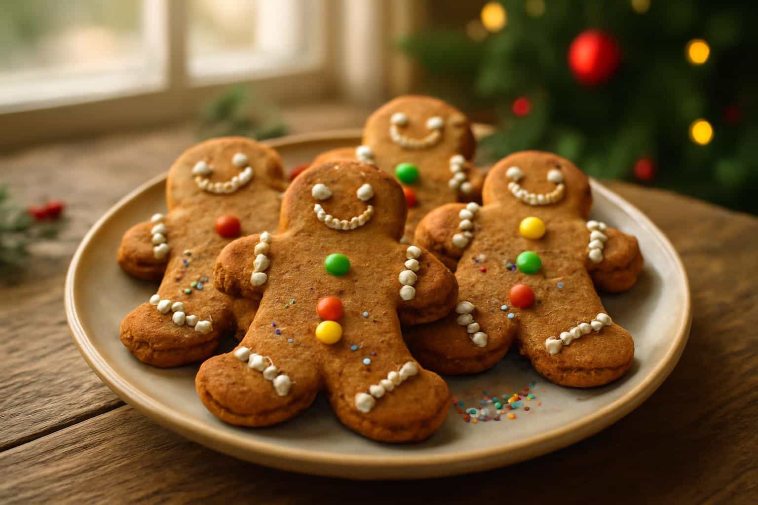plate of easy homemade gingerbread man cookies decorated with icing and sprinkles in natural light