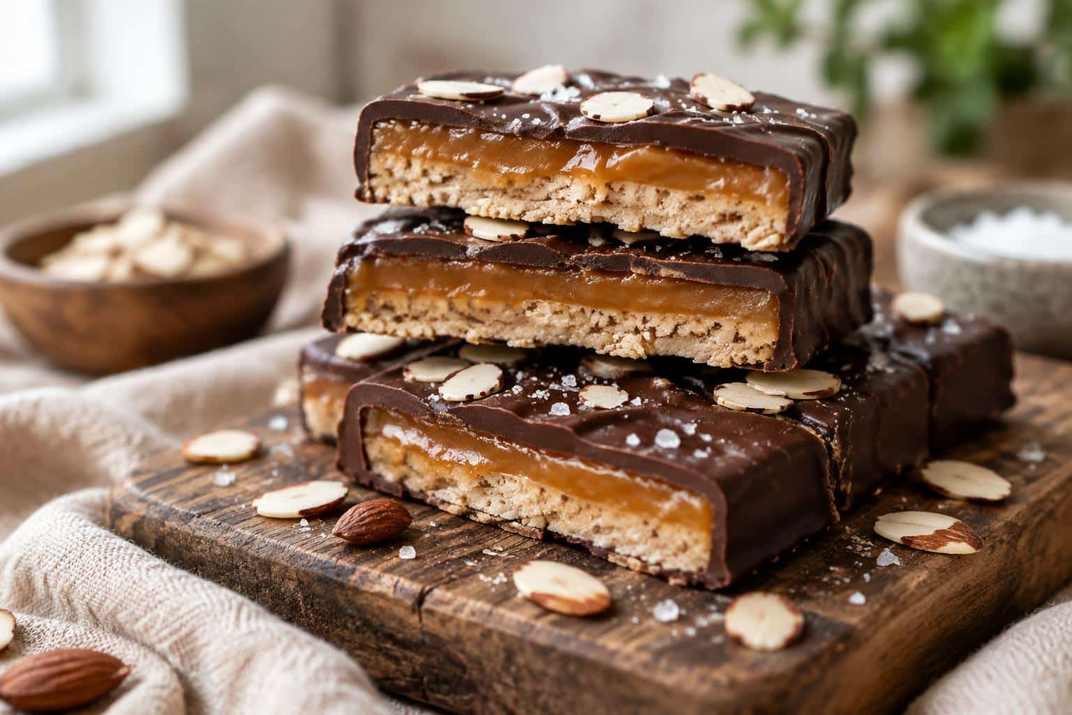 Homemade healthy twix bars with caramel and chocolate layers garnished with sea salt and almonds