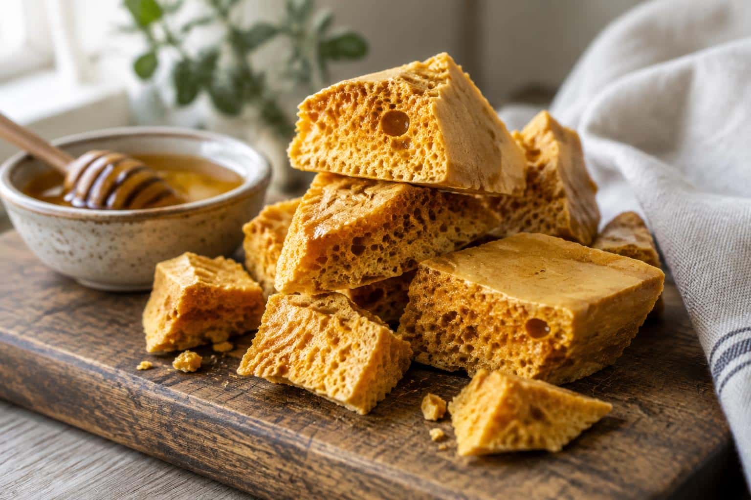 Golden crispy homemade honeycomb candy pieces with bubbly texture on wooden board