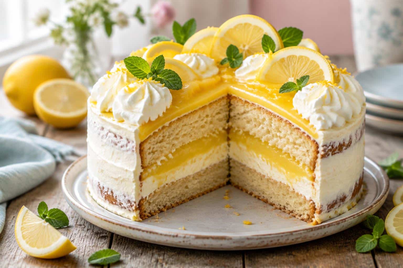 A slice of lemon curd cake with creamy layers and fresh lemon garnish, showcasing lemon curd cake