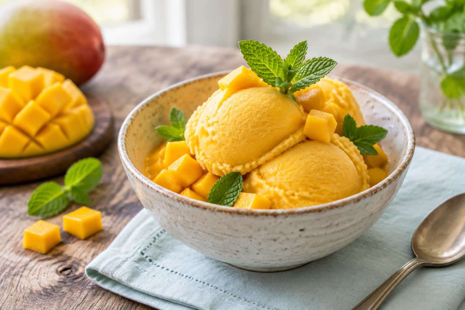 Creamy homemade mango sorbet garnished with fresh mint and mango cubes, perfect mango sorbet dessert