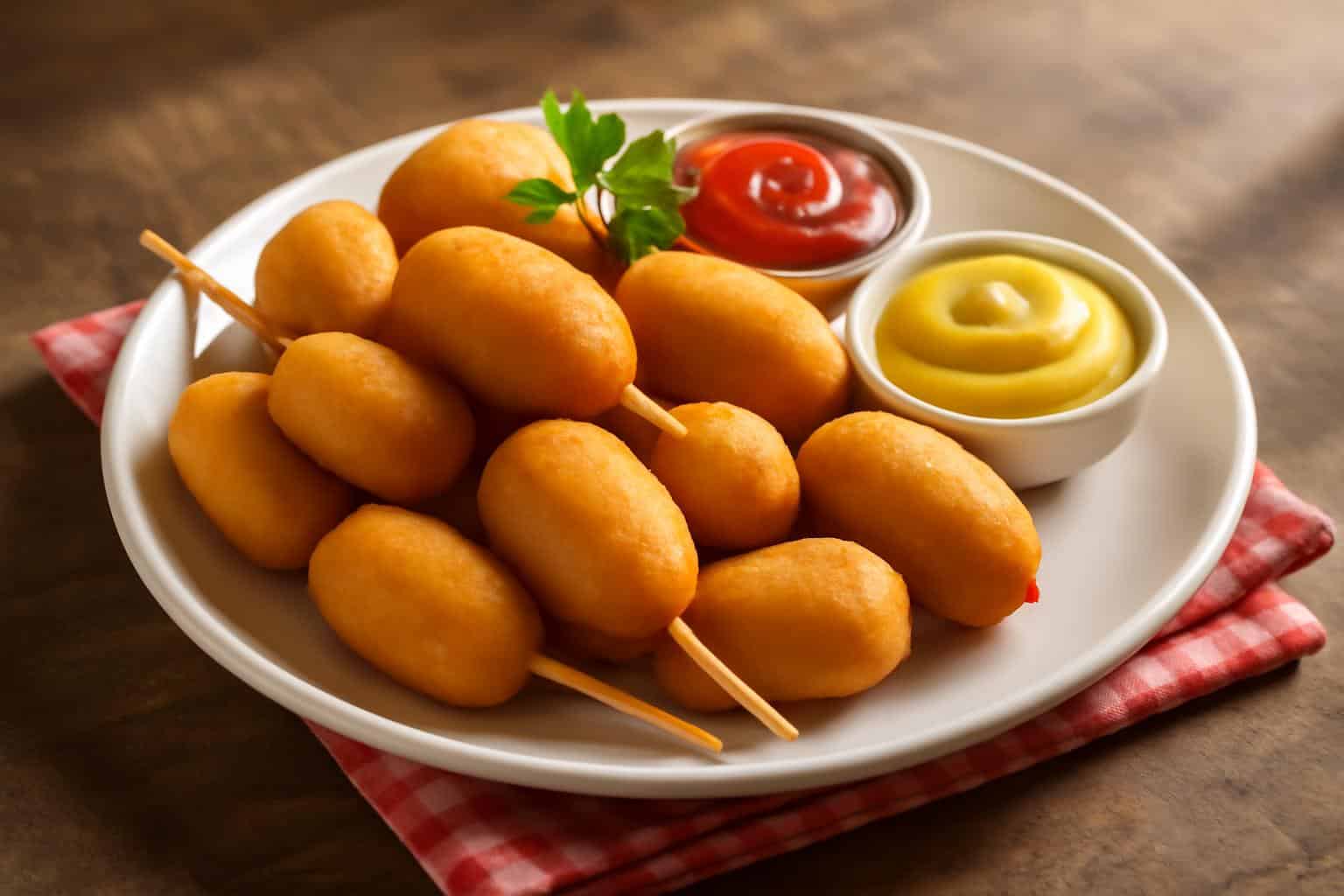 Plate of golden crispy mini corn dogs with ketchup and mustard garnish, classic mini corn dogs snack
