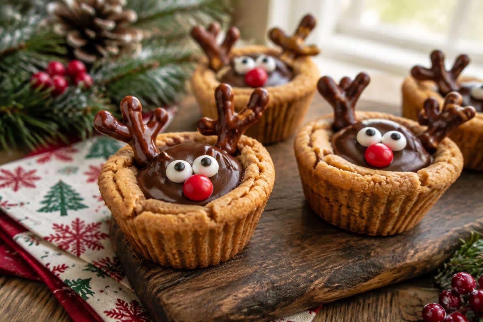 Festive peanut butter cookie cups shaped like reindeer on a rustic wooden surface with holiday garnish