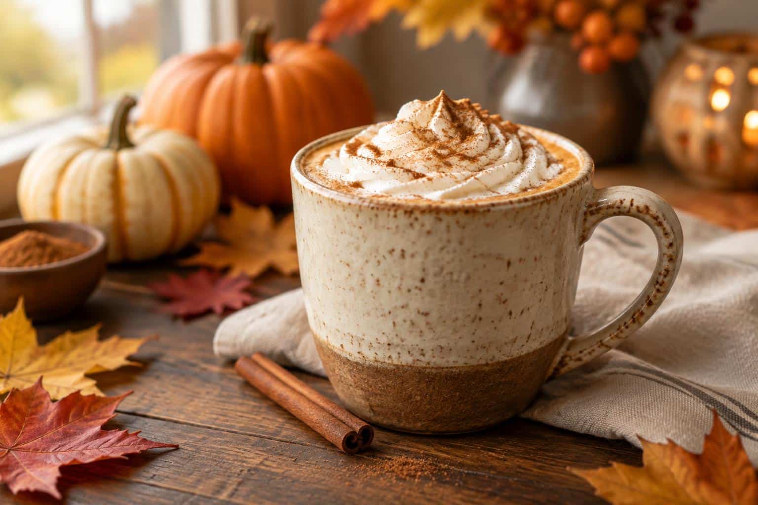 Homemade pumpkin spice latte with creamy oat milk in rustic mug garnished with cinnamon