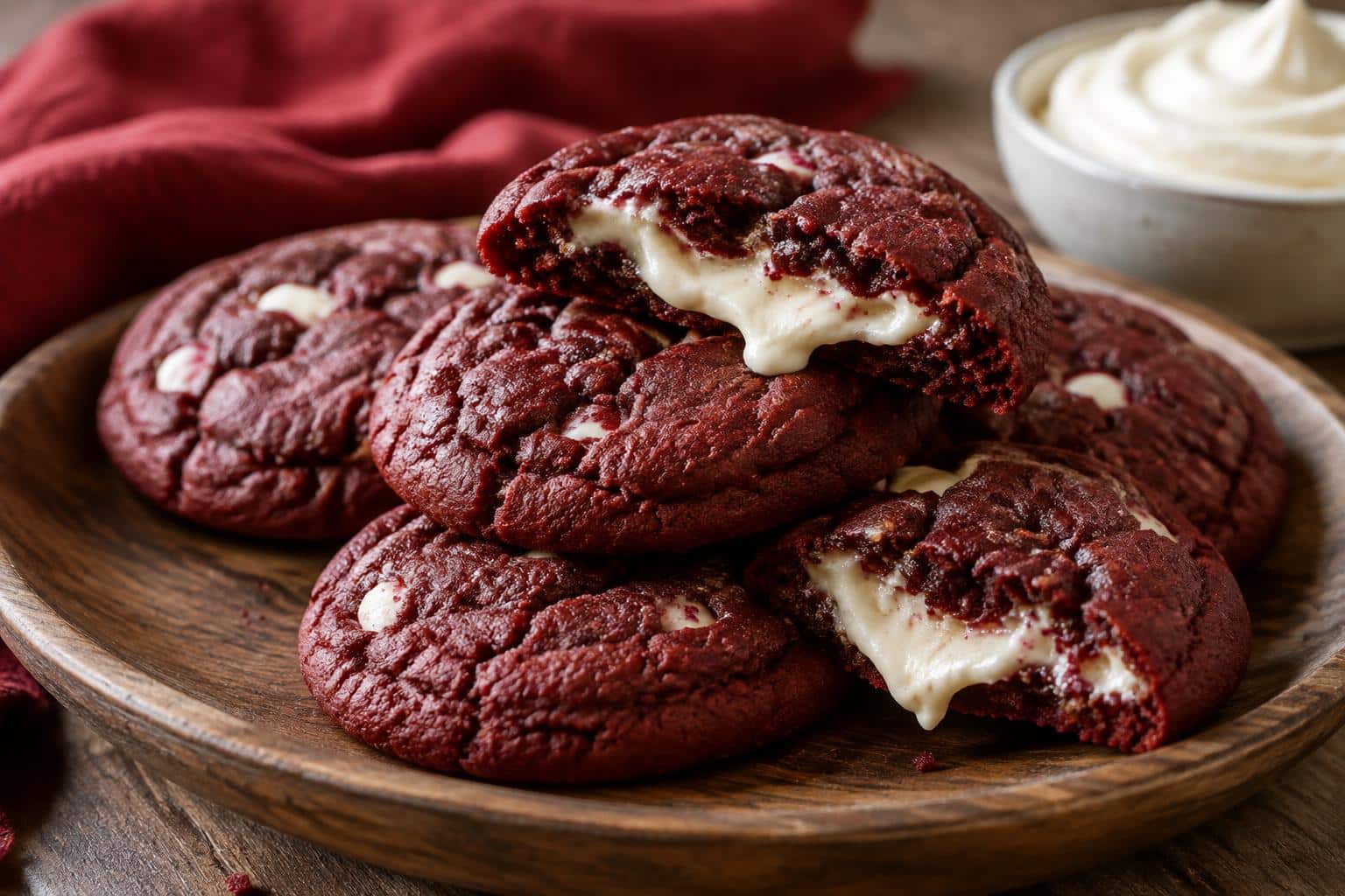 Fresh homemade red velvet cookies with creamy filling on rustic plate, soft natural light