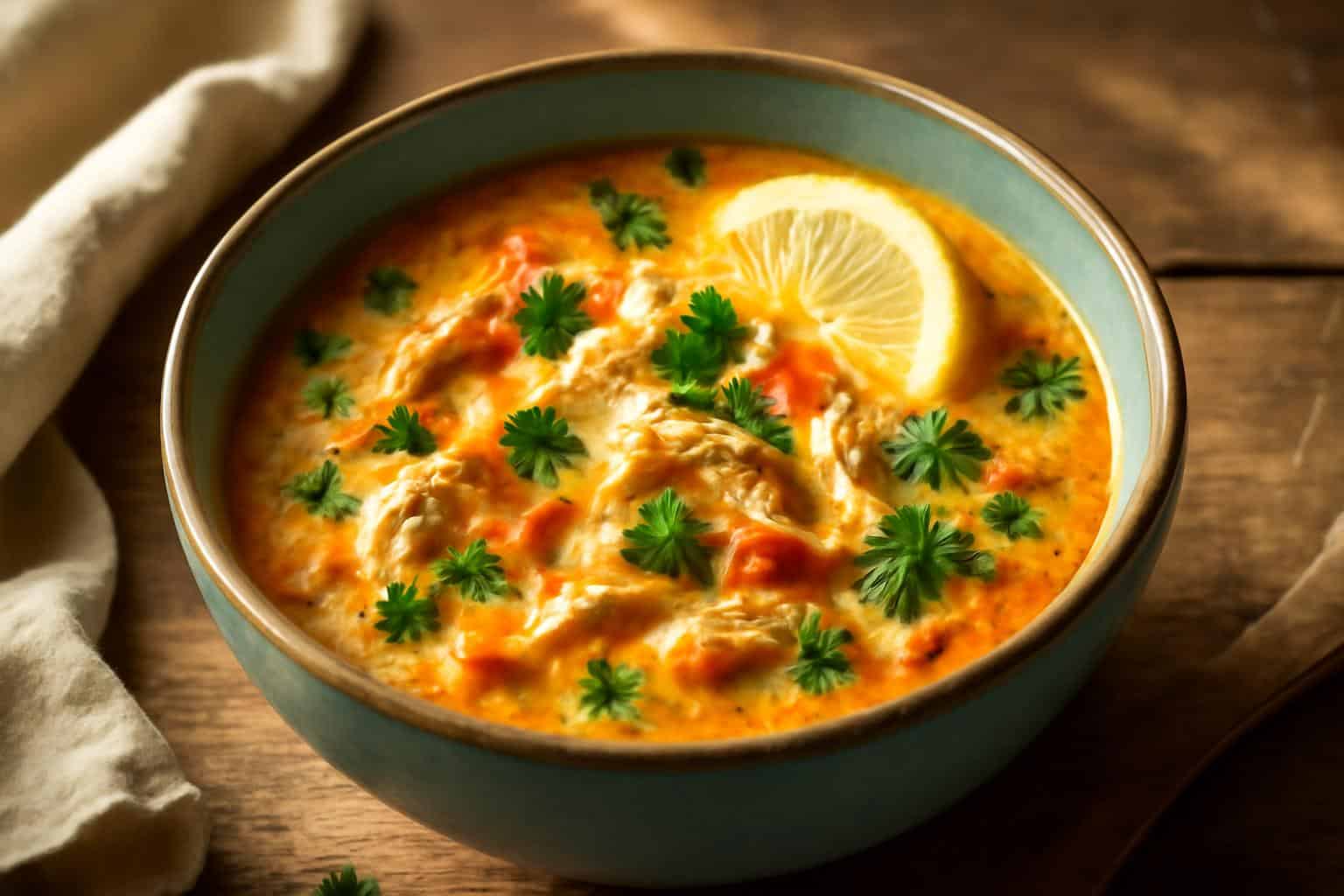 Creamy Spanish chicken soup garnished with parsley and lemon wedge in a rustic bowl