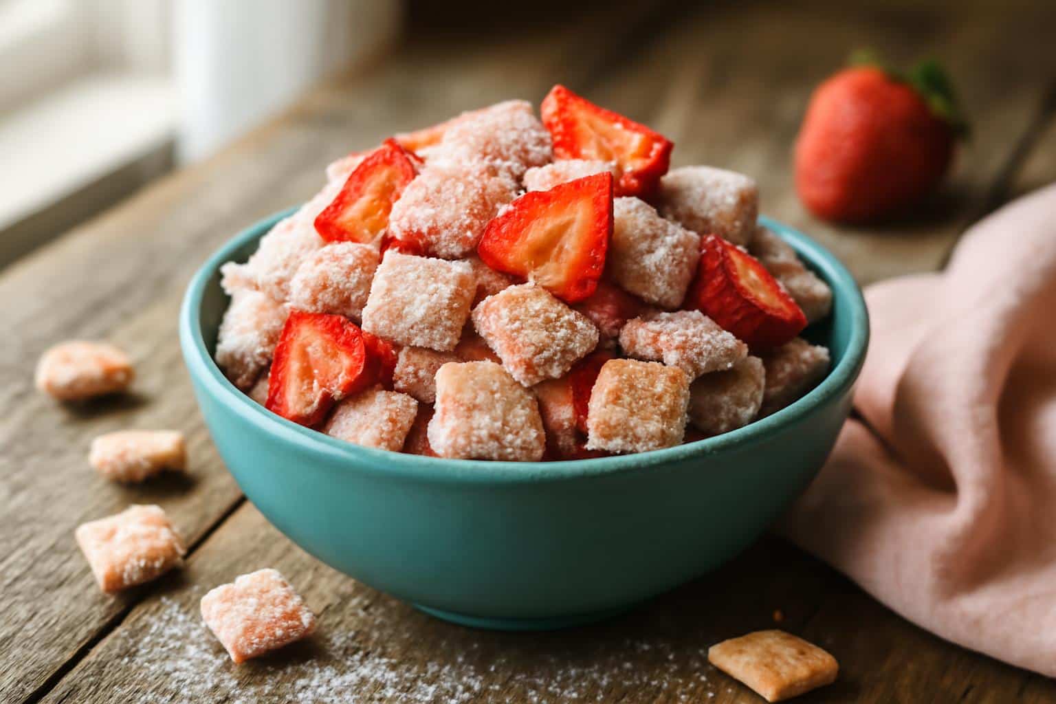 Bowl of strawberry shortcake puppy chow with fresh strawberry garnish and powdered sugar