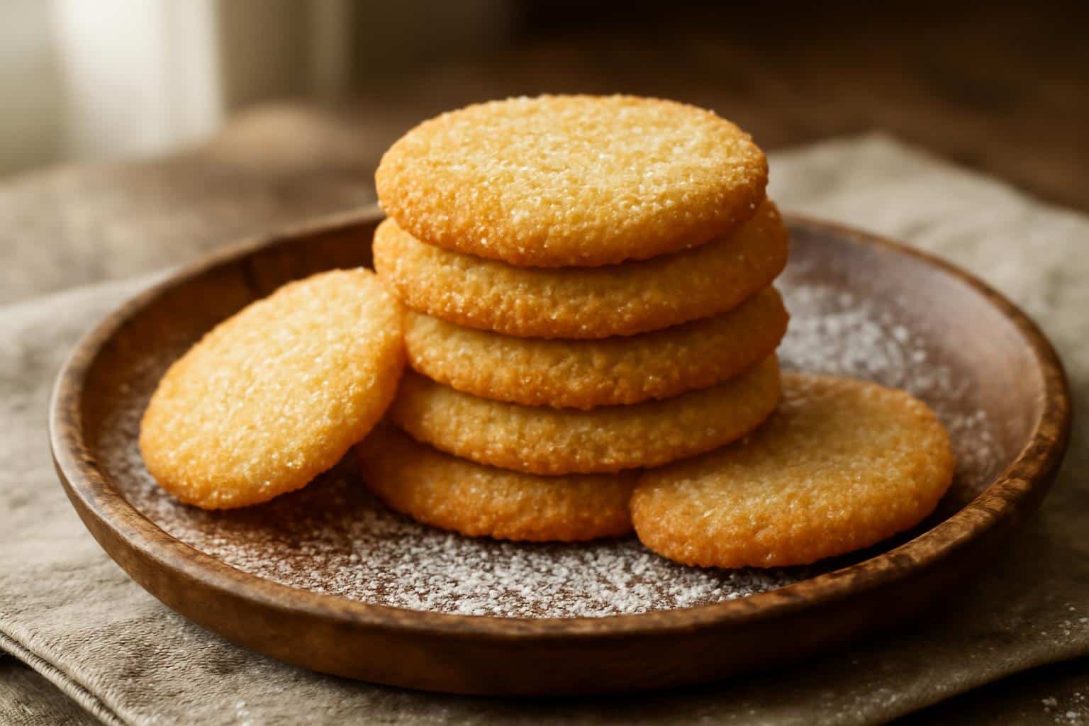 Close-up of crispy homemade sugar cookies with sugar crystals on top, perfect sugar cookies dessert