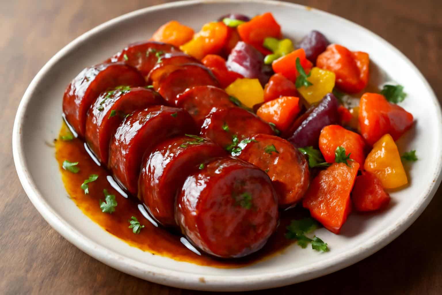 Honey garlic kielbasa with glazed vegetables on a rustic plate, showcasing the honey garlic kielbasa dish