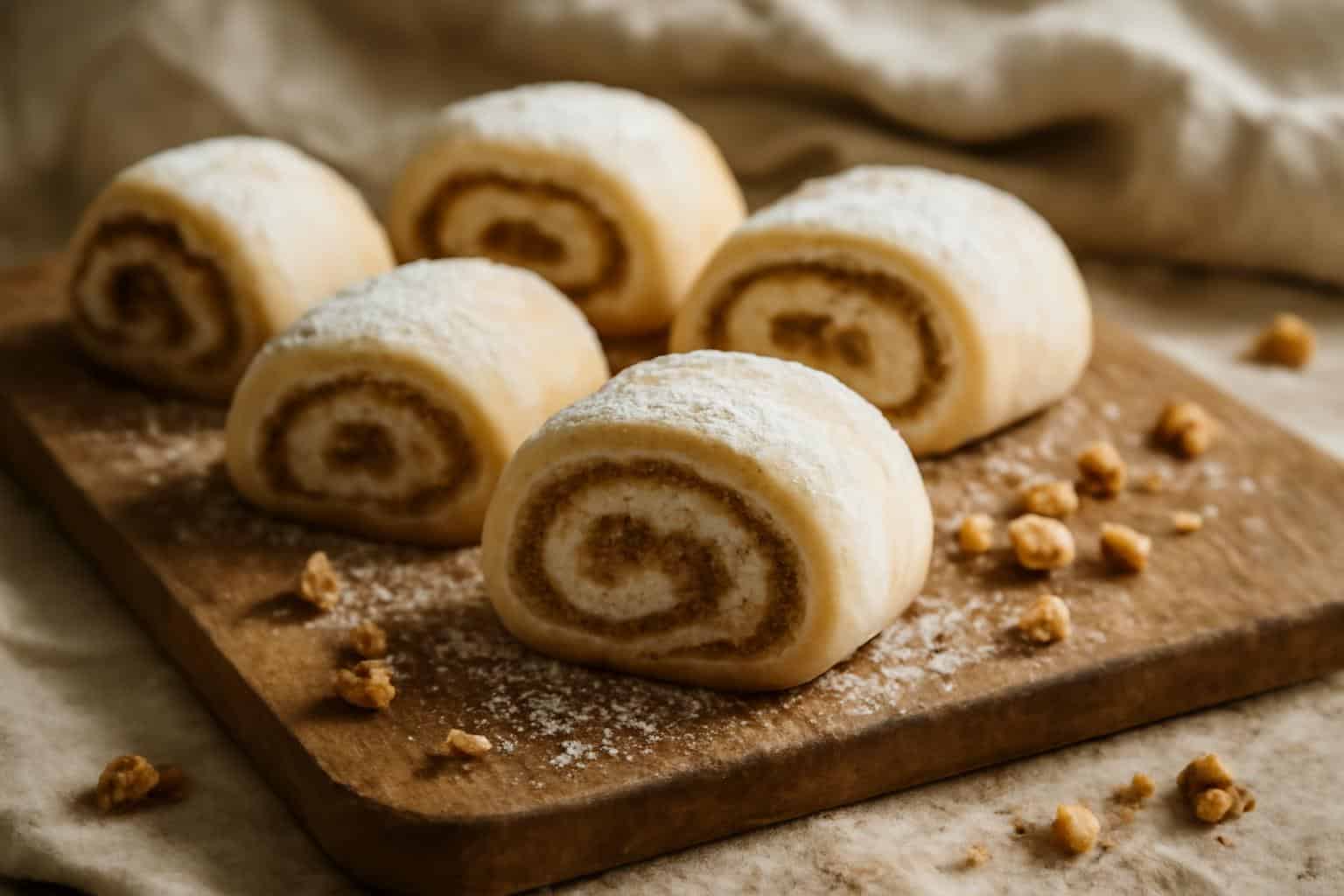 Freshly baked Italian nut roll cookies showing nut swirl and powdered sugar topping