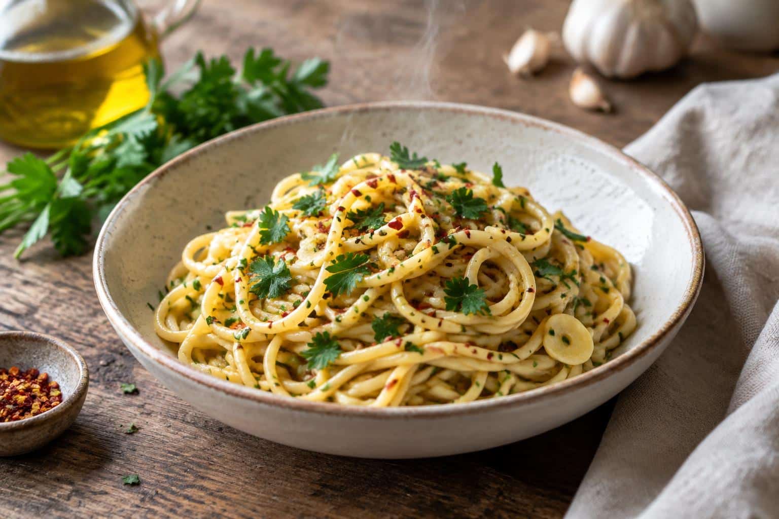 Italian pasta tossed in garlic olive oil sauce with parsley garnish and red pepper flakes