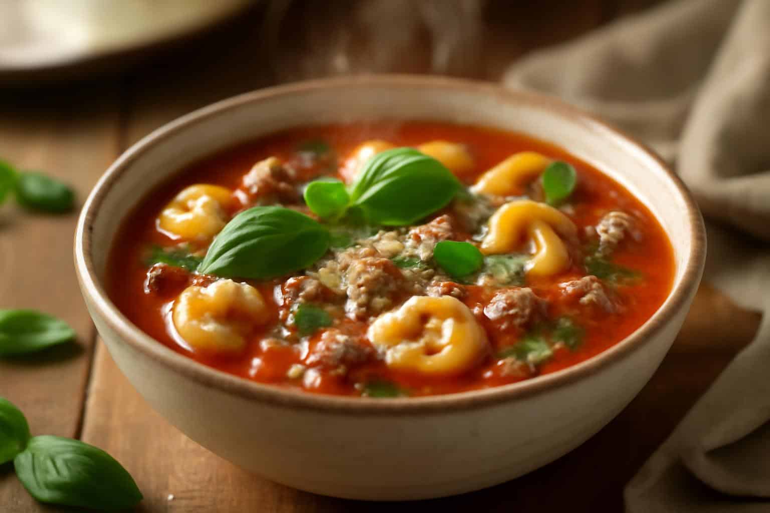 Bowl of italian sausage tortellini soup garnished with basil and Parmesan cheese