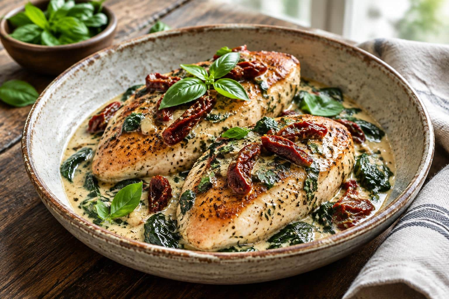 Tuscan chicken plated with sun-dried tomatoes and creamy spinach sauce, showcasing a delicious Tuscan chicken meal