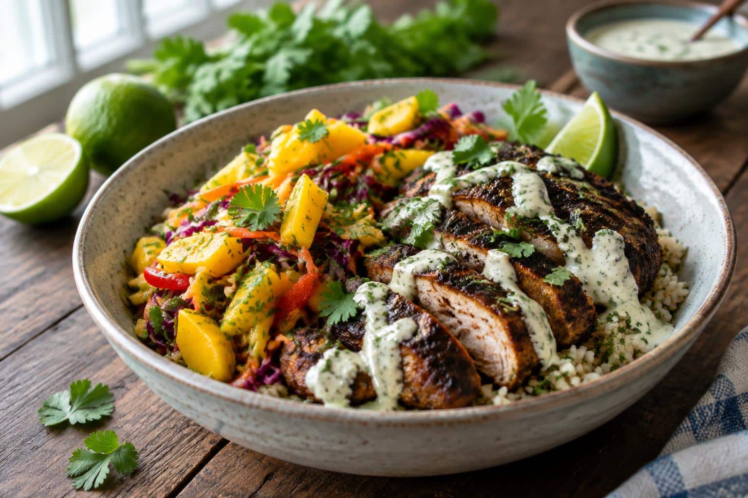 Grilled jerk chicken with mango slaw and honey lime cream in a bowl, fresh and colorful jerk chicken dish