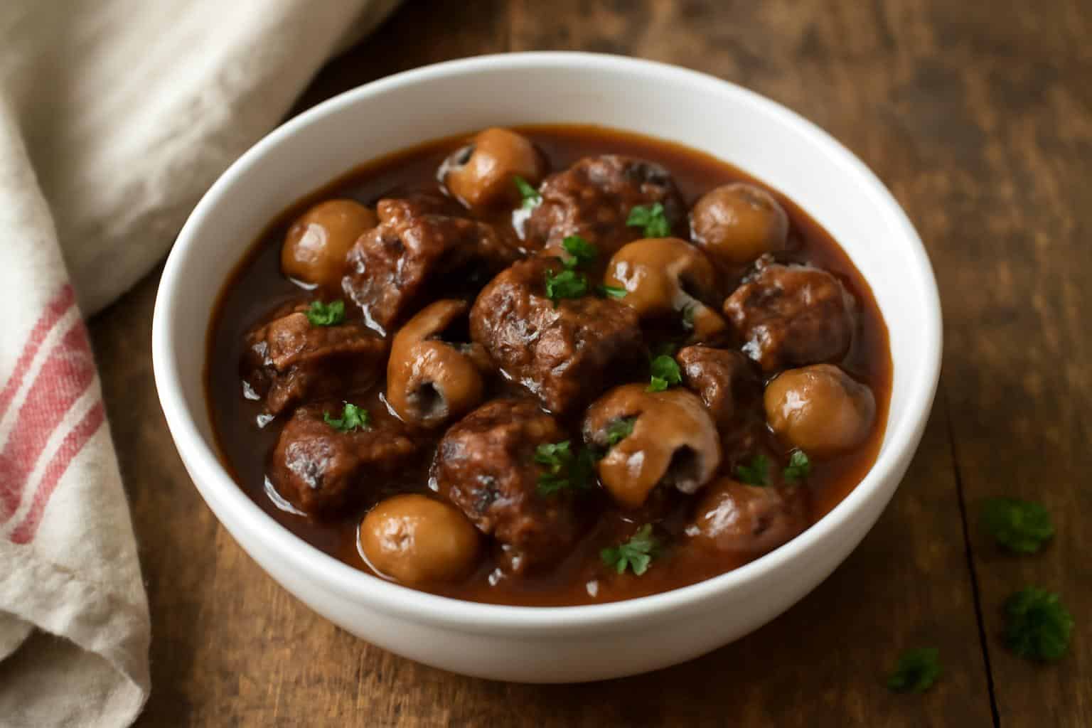 Classic beef bourguignon in a bowl with rich red wine sauce and fresh parsley garnish