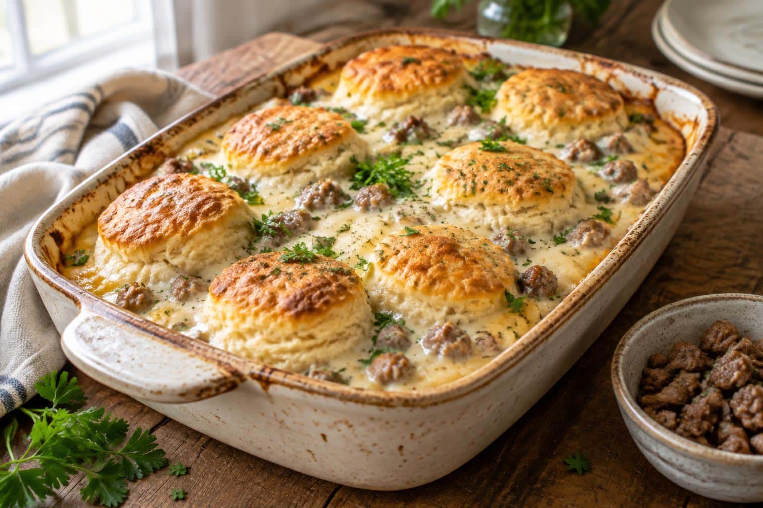 Hearty biscuits gravy casserole in a rustic baking dish garnished with fresh parsley