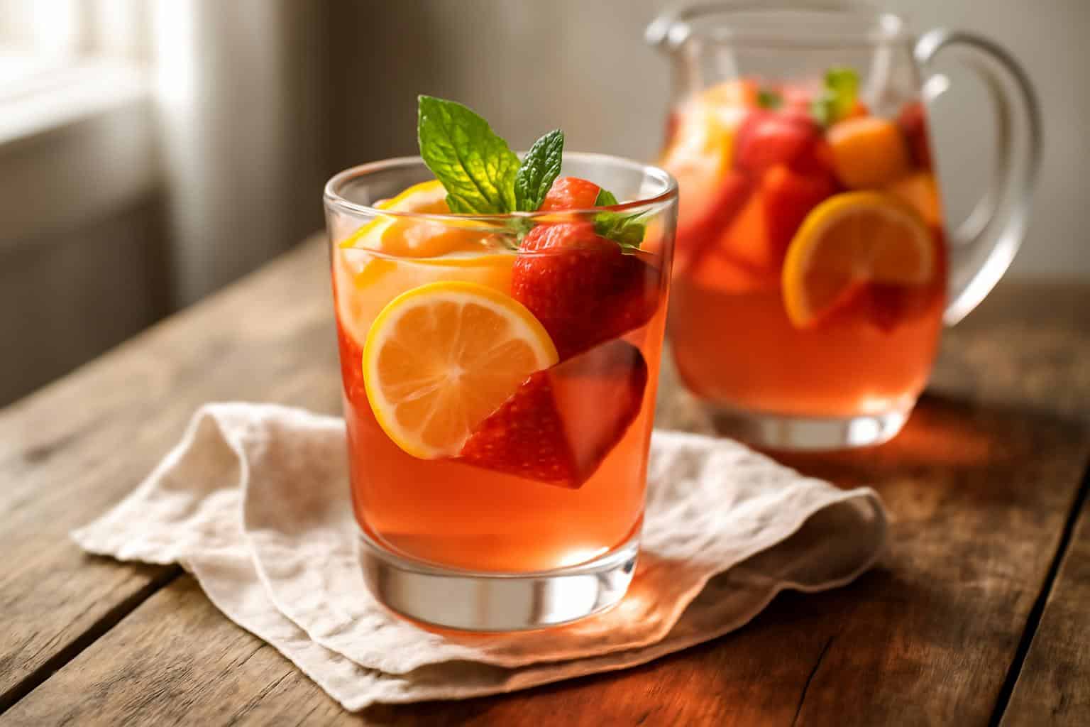 Refreshing limoncello rosé sangria garnished with lemons and strawberries in a glass