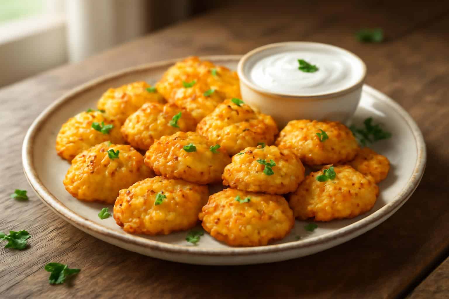 Golden crispy low carb snacks homemade served with herb garnish and dipping sauce