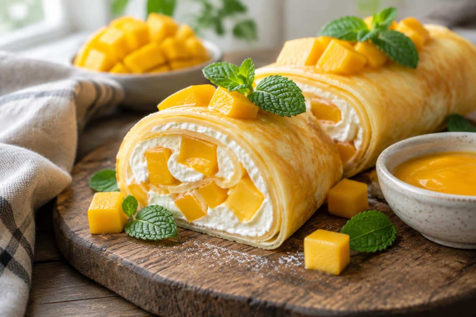 Fresh mango crepe roll dessert sliced showing creamy filling and mango pieces