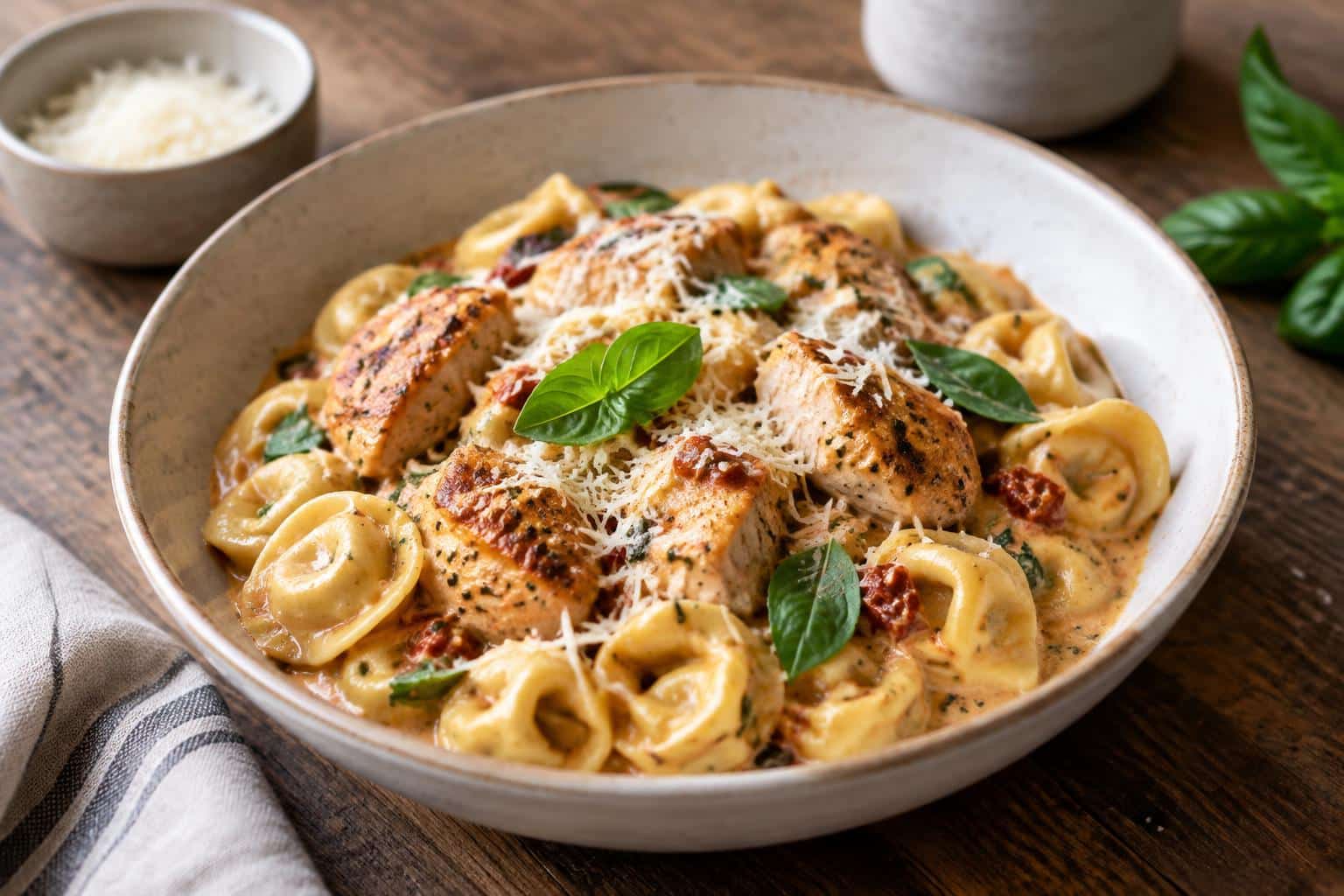 Creamy marry me chicken tortellini garnished with basil and Parmesan