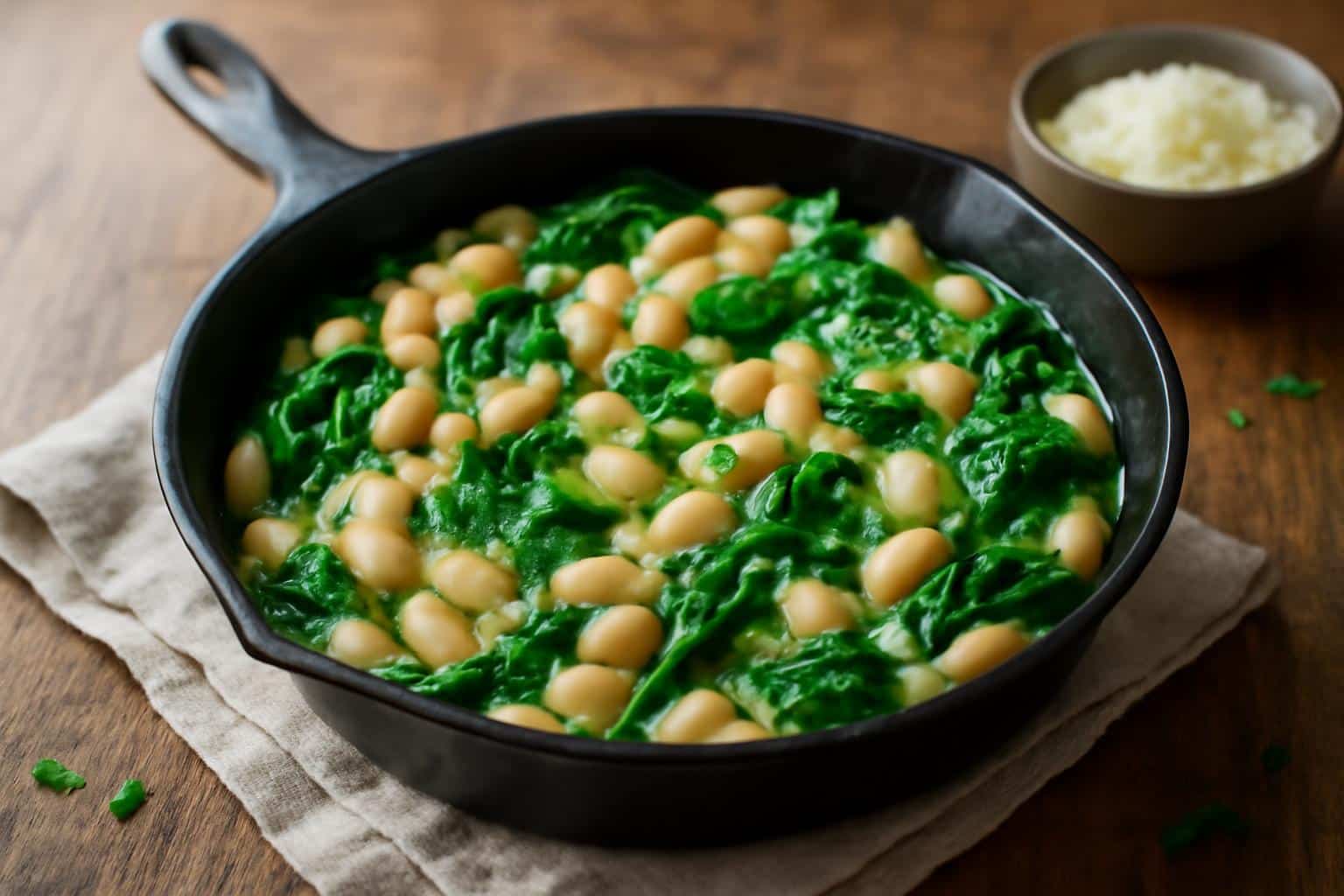white bean spinach skillet with fresh herbs and creamy beans in cast iron pan