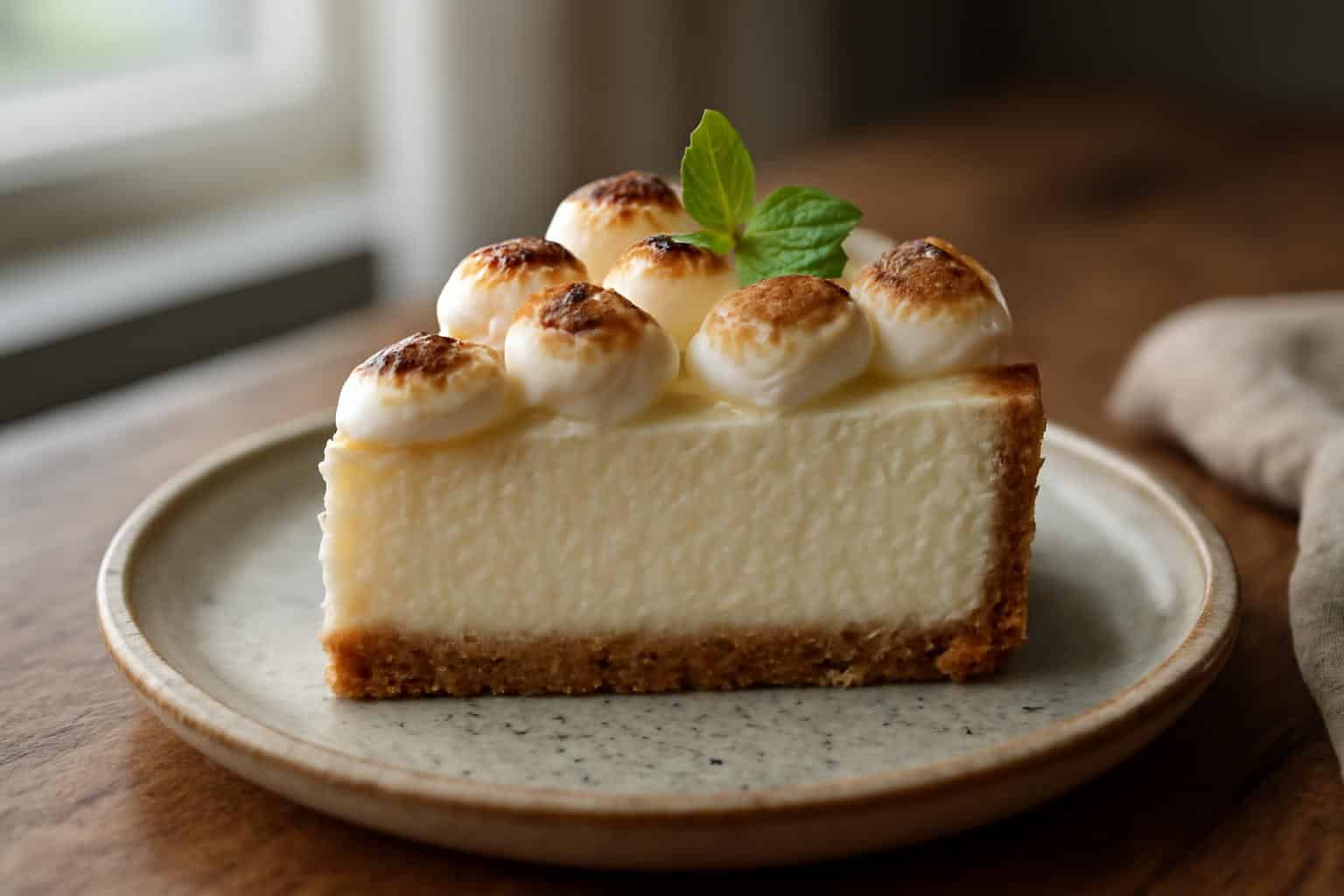 Slice of easy marshmallow cheesecake topped with toasted marshmallows and whipped cream cheese