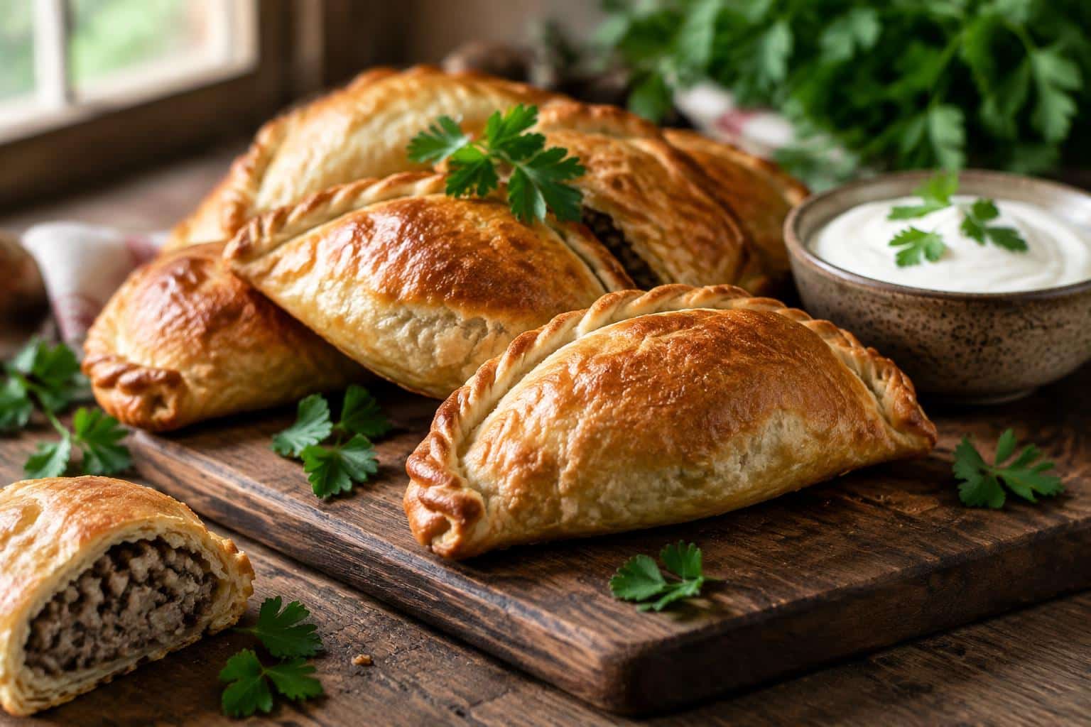 Golden baked meat hand pies with flaky crust and fresh parsley garnish, meat hand pies