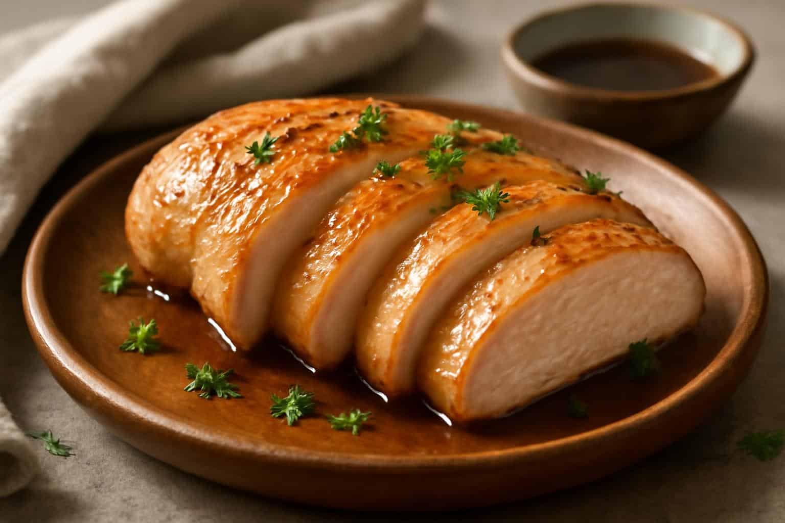 Tender melt in your mouth chicken breast sliced and garnished with parsley on rustic plate