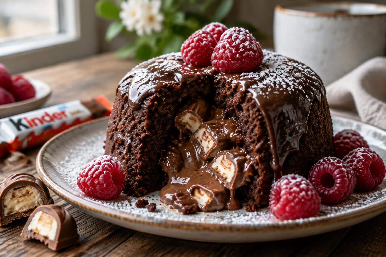 Melting chocolate cake with a kinder heart gooey center, dusted with powdered sugar and fresh raspberries