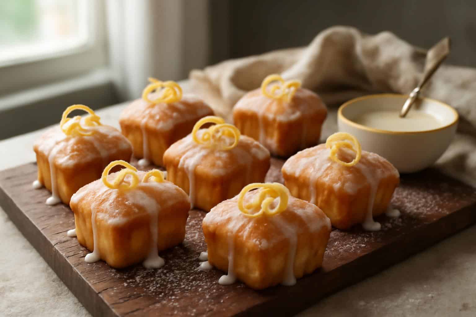 Mini lemon drizzle cakes fresh from the oven with zesty citrus glaze and lemon zest garnish