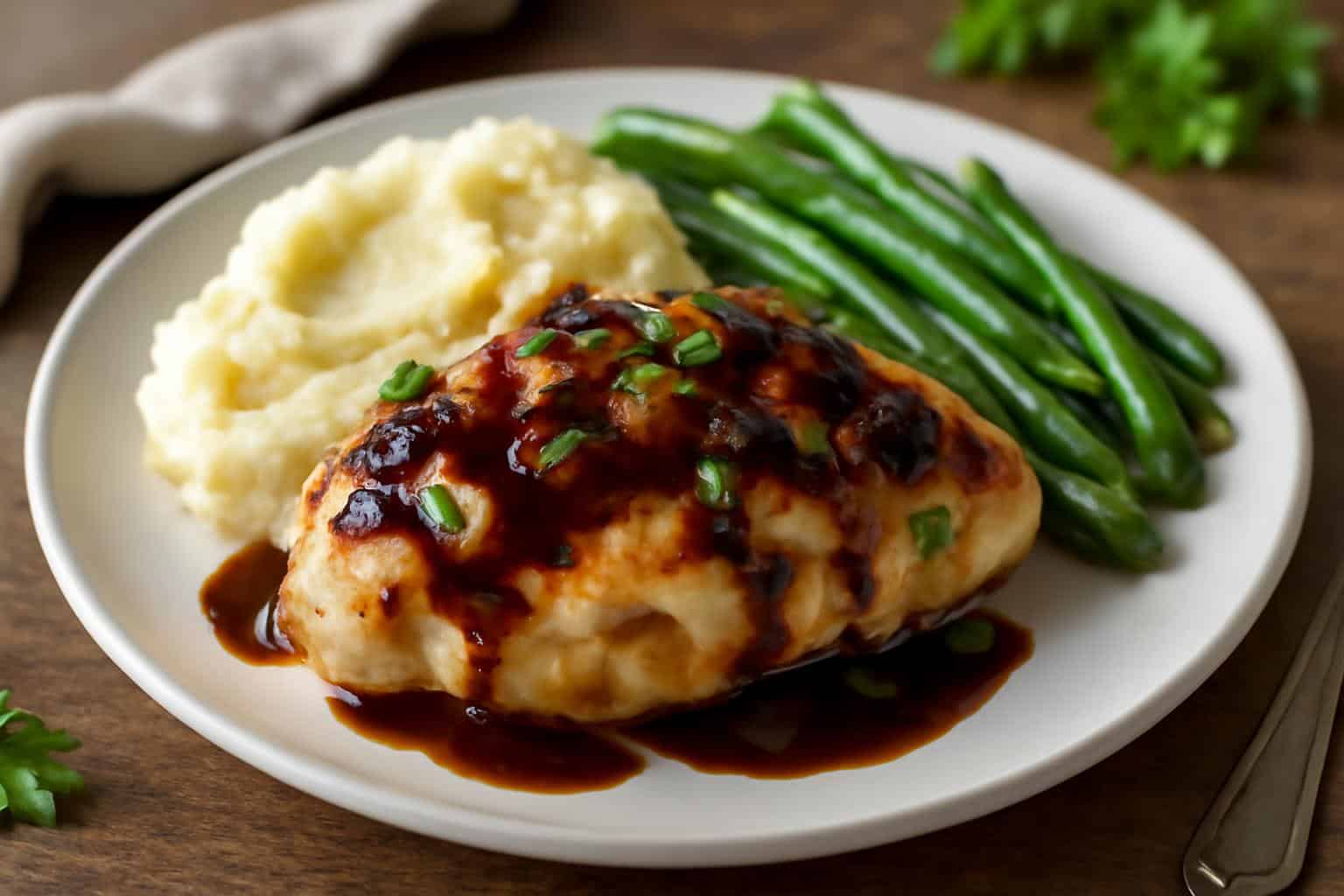 Mississippi mud chicken served with mashed potatoes and green beans, showcasing the mississippi mud chicken dish