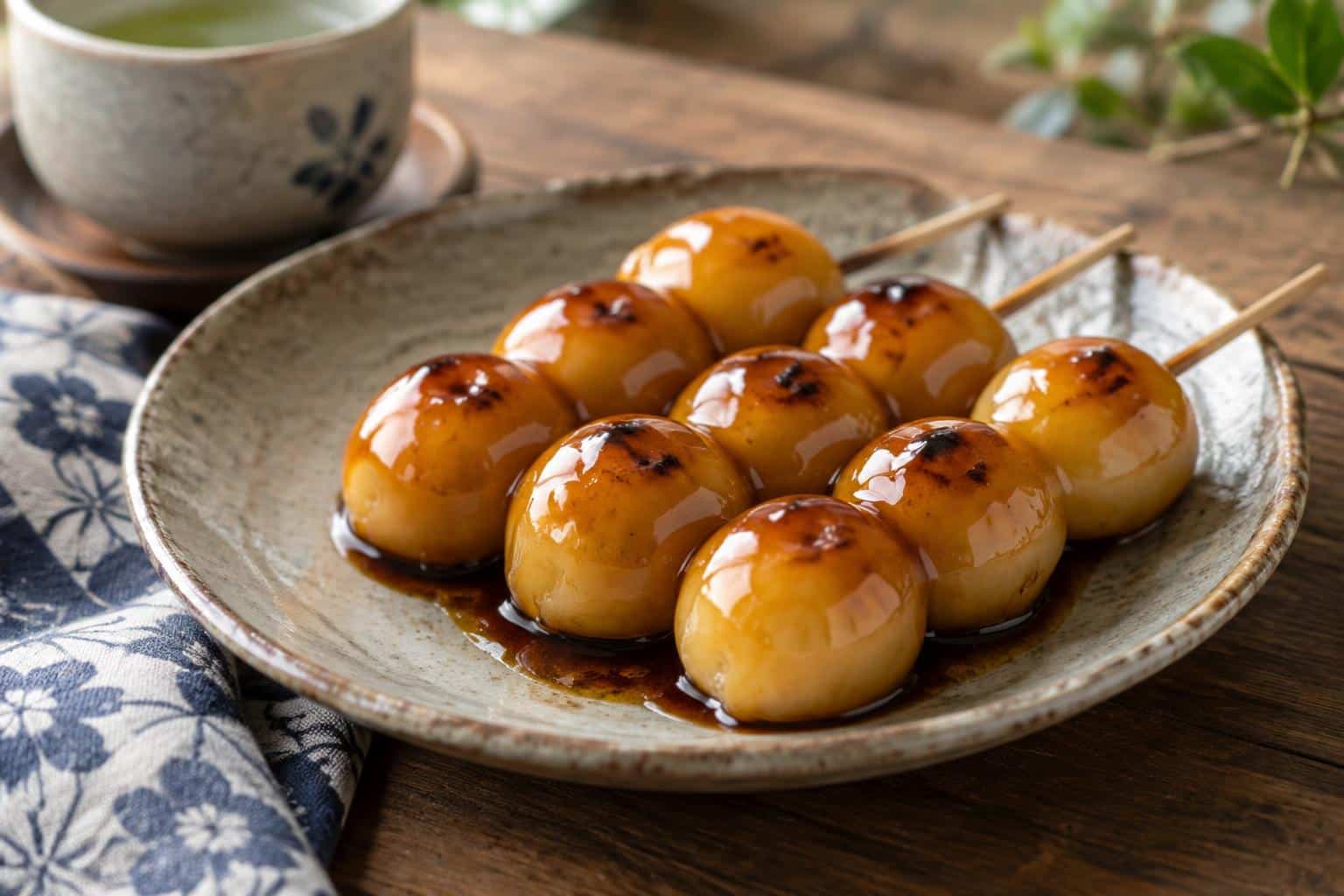 glossy mitarashi dango skewers with sweet soy glaze, mitarashi dango dessert