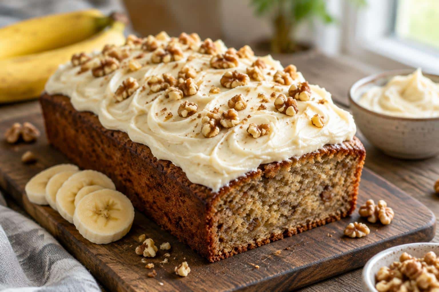 Moist banana snack cake topped with creamy frosting and walnuts, showcasing banana snack cake texture