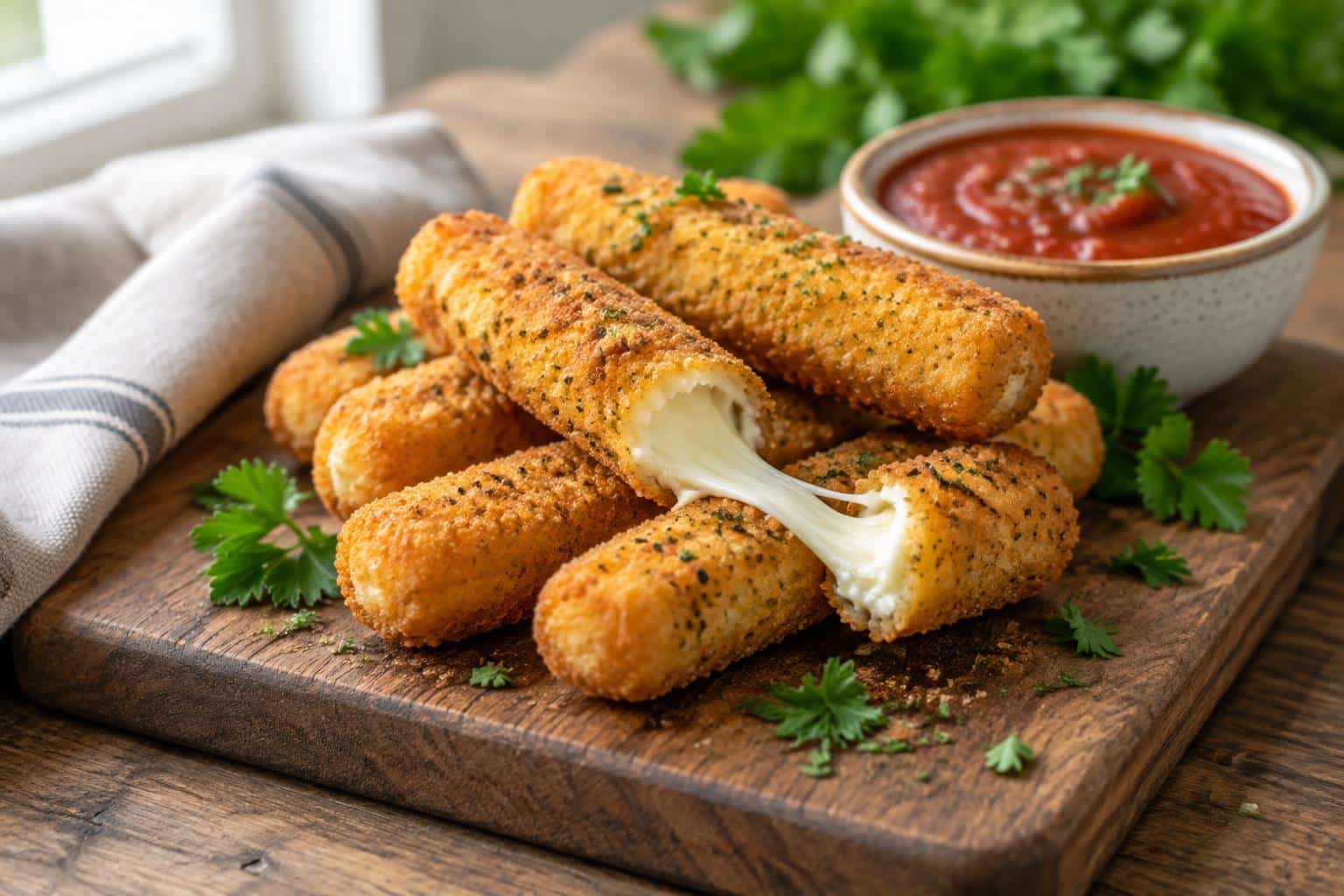 crispy golden mozzarella sticks with marinara sauce and parsley garnish, easy mozzarella sticks