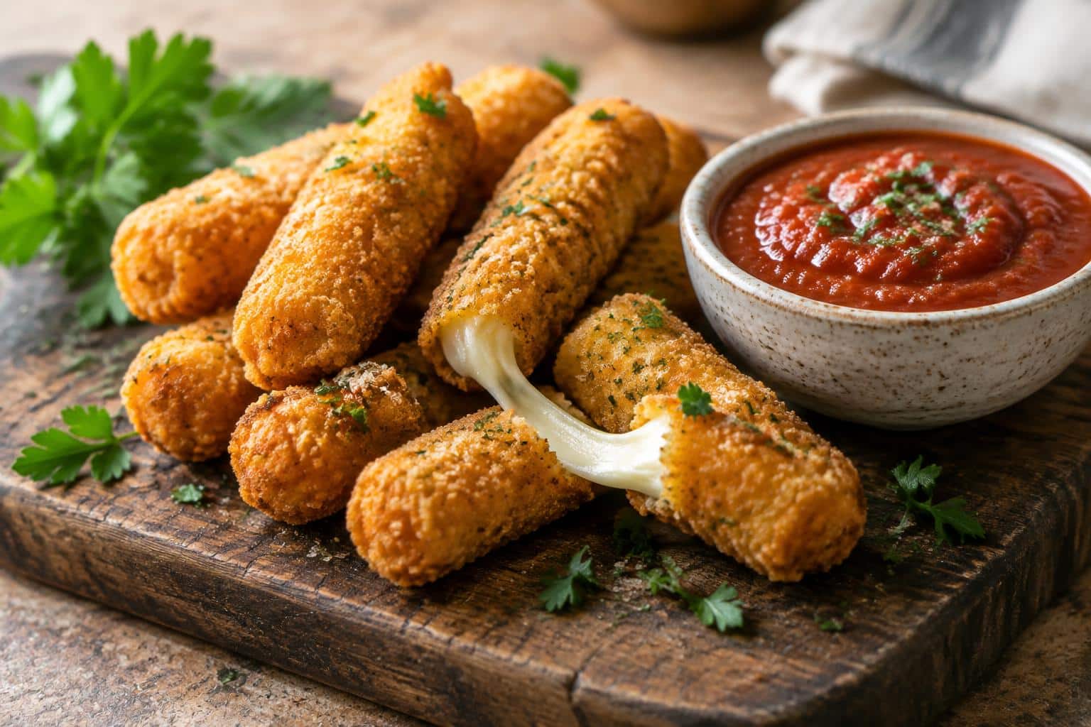Golden easy mozzarella sticks with marinara sauce and parsley garnish on rustic wooden board