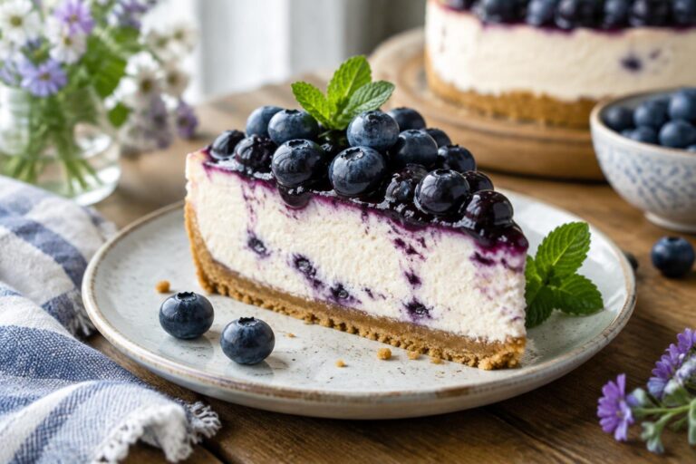 No bake blueberry cheesecake dessert with fresh blueberries on graham cracker crust