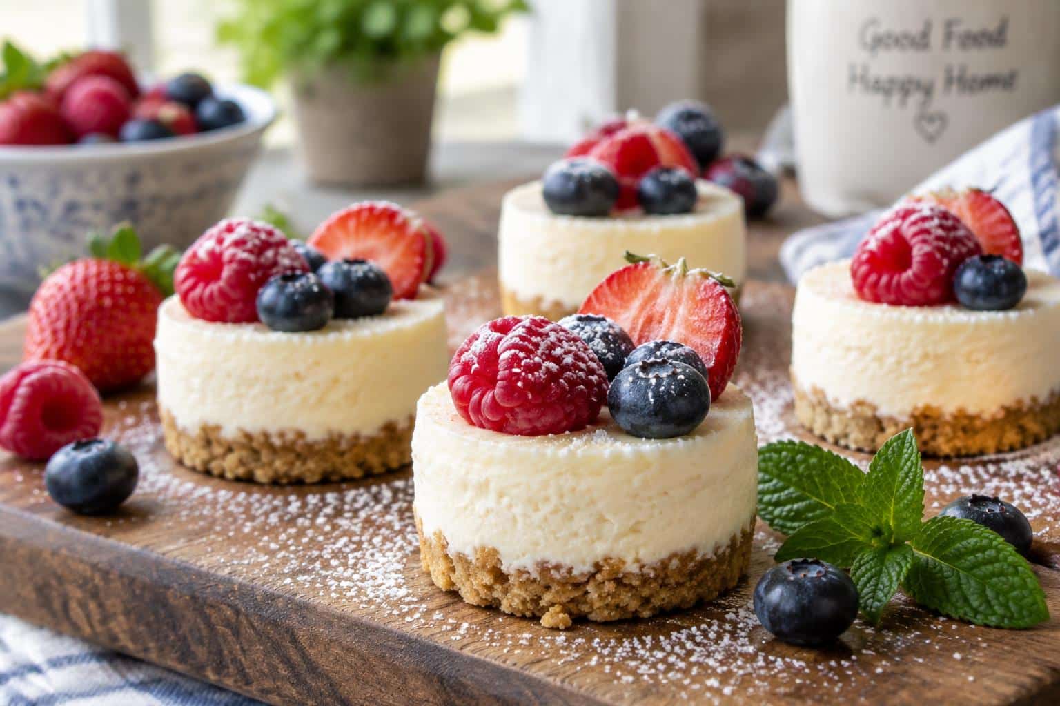 No-bake cheesecake bites with creamy filling and crumbly crust garnished with berries