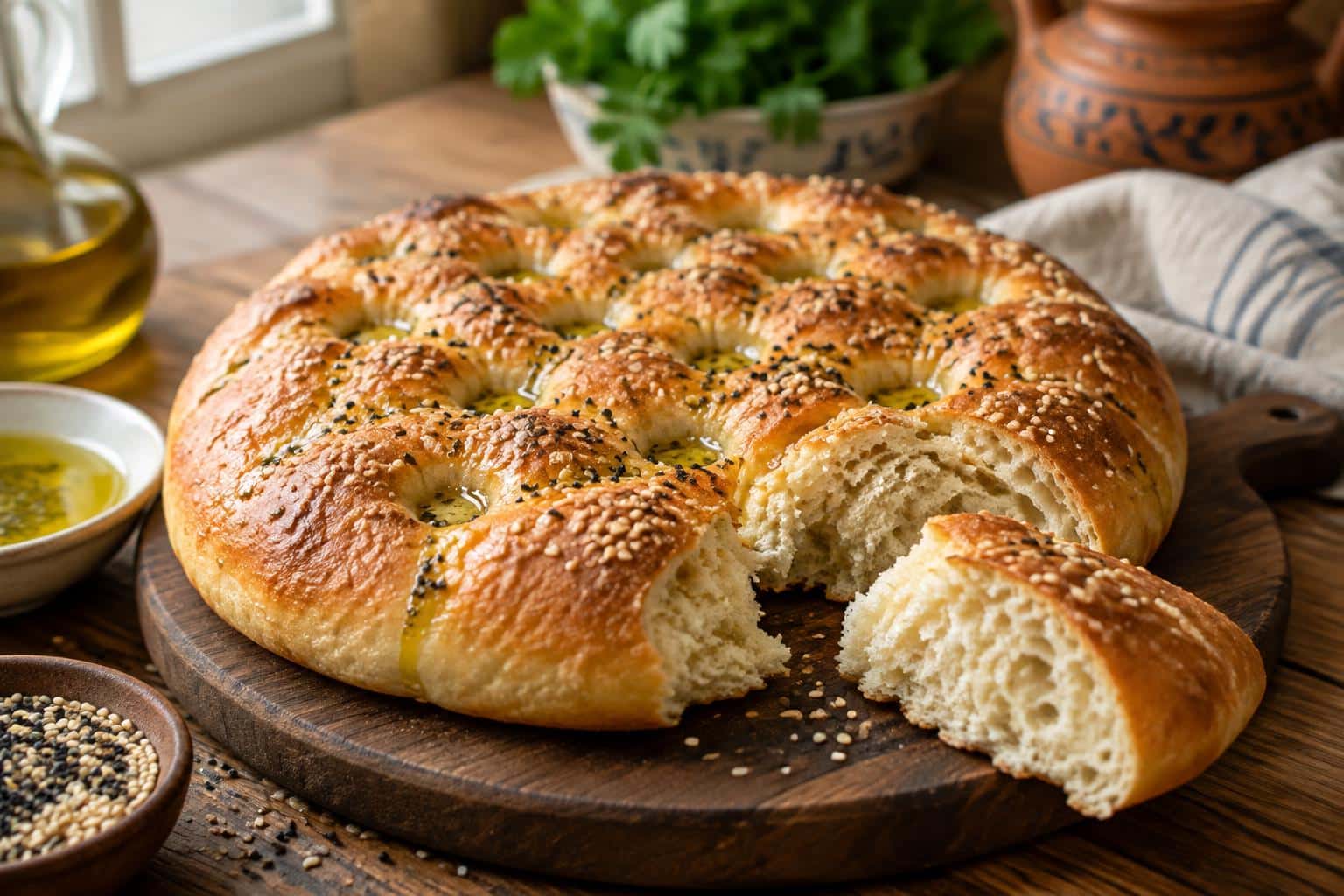 Freshly cooked no-oven Turkish bread with golden crust and sesame seeds on rustic wooden board